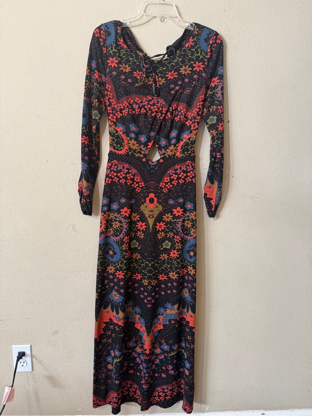 Free People Black Maxi Dress with Red, Blue and Green Floral Print